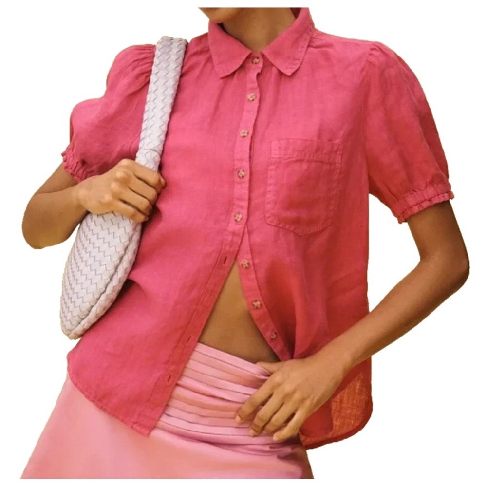 Pilcro Anthropologie Women's XS Top Aly Linen Puff Sleeve Button Up Pink
